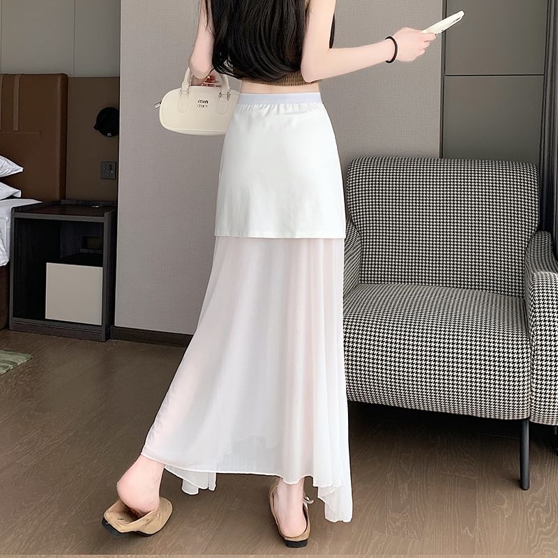 High-Waist Solid Mesh Panel Midi Flared Skirt
