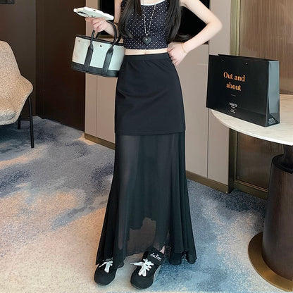 High-Waist Solid Mesh Panel Midi Flared Skirt