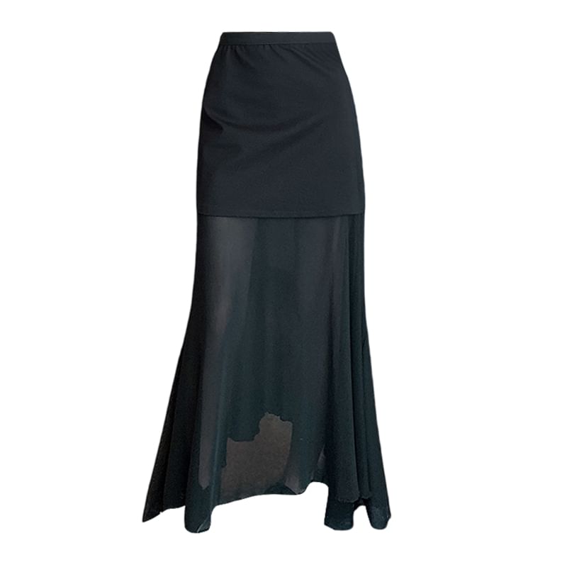 High-Waist Solid Mesh Panel Midi Flared Skirt