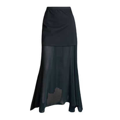 High-Waist Solid Mesh Panel Midi Flared Skirt