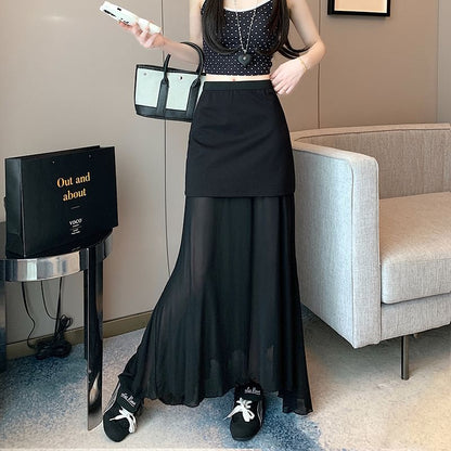 High-Waist Solid Mesh Panel Midi Flared Skirt