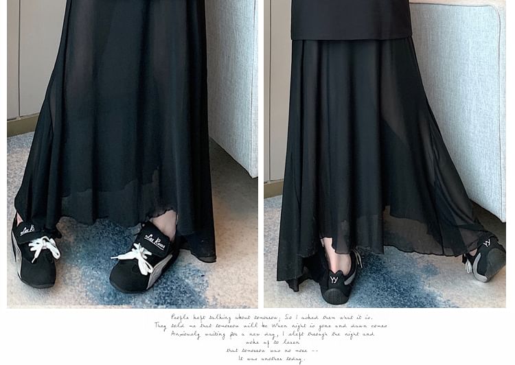 High-Waist Solid Mesh Panel Midi Flared Skirt