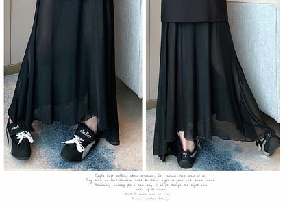 High-Waist Solid Mesh Panel Midi Flared Skirt
