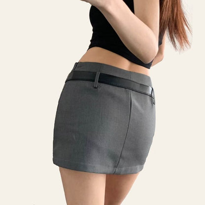 Mid-Waist Solid Short Pencil Skirt with Belt