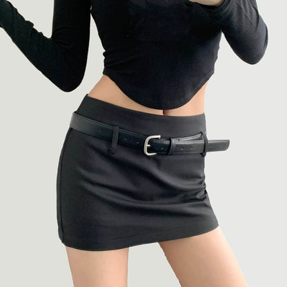 Mid-Waist Solid Short Pencil Skirt with Belt