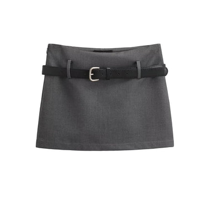 Mid-Waist Solid Short Pencil Skirt with Belt