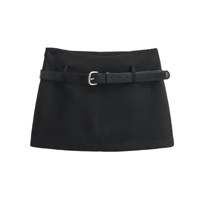 Mid-Waist Solid Short Pencil Skirt with Belt