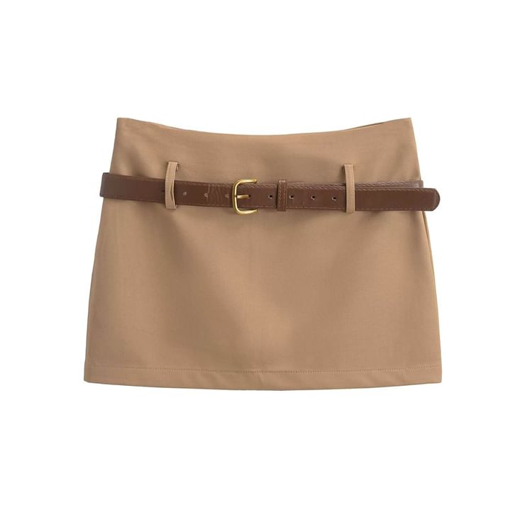 Mid-Waist Solid Short Pencil Skirt with Belt