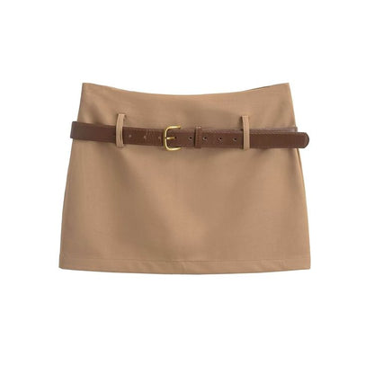 Mid-Waist Solid Short Pencil Skirt with Belt