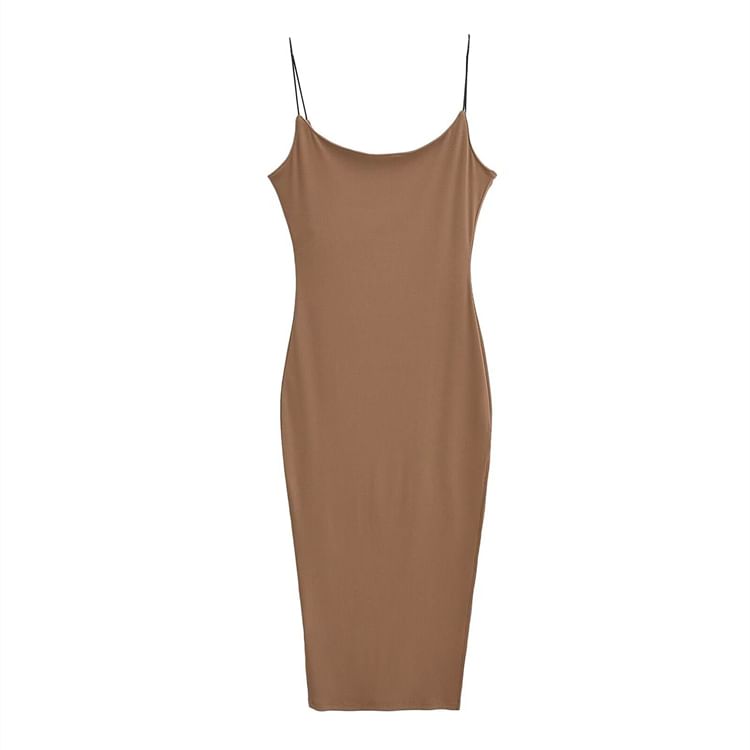 Spaghetti Strap Scoop Neck Plain Slit Midi Bodycon Dress