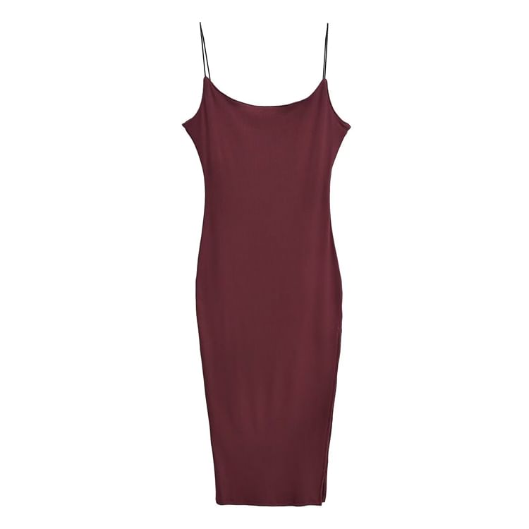 Spaghetti Strap Scoop Neck Plain Slit Midi Bodycon Dress