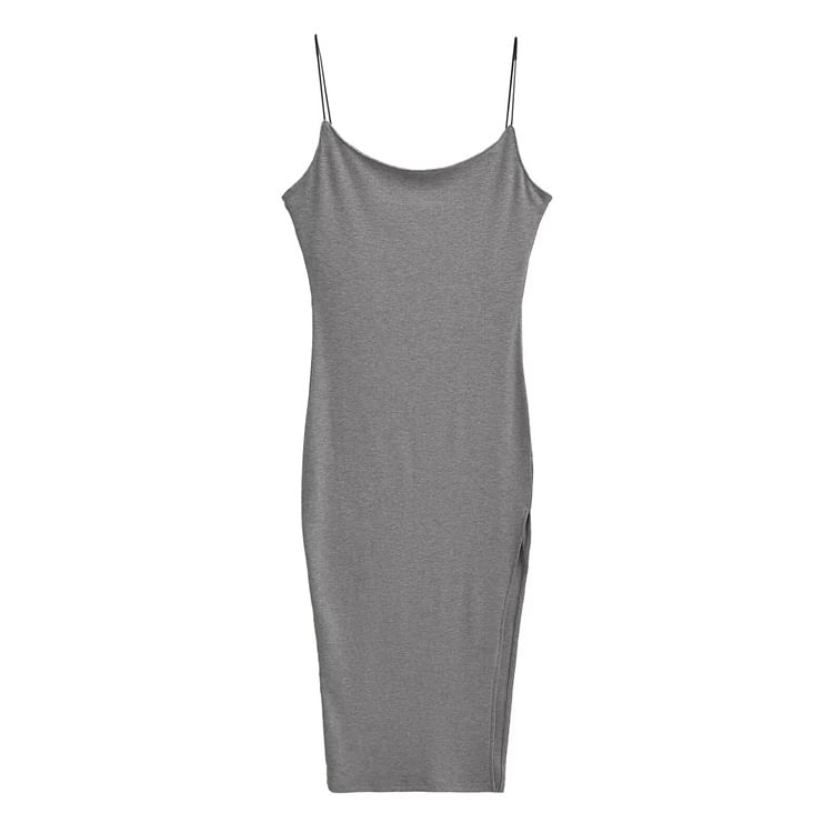 Spaghetti Strap Scoop Neck Plain Slit Midi Bodycon Dress