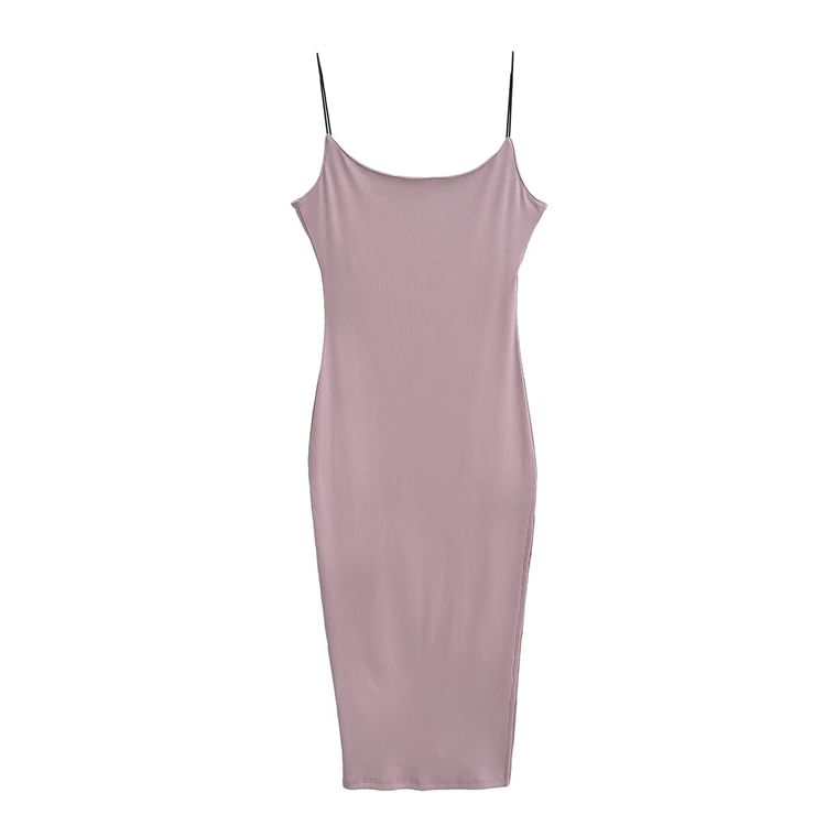 Spaghetti Strap Scoop Neck Plain Slit Midi Bodycon Dress