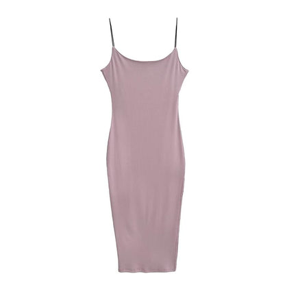 Spaghetti Strap Scoop Neck Plain Slit Midi Bodycon Dress