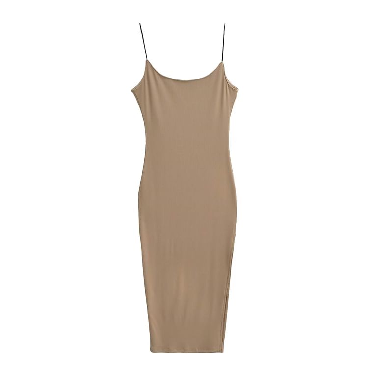 Spaghetti Strap Scoop Neck Plain Slit Midi Bodycon Dress