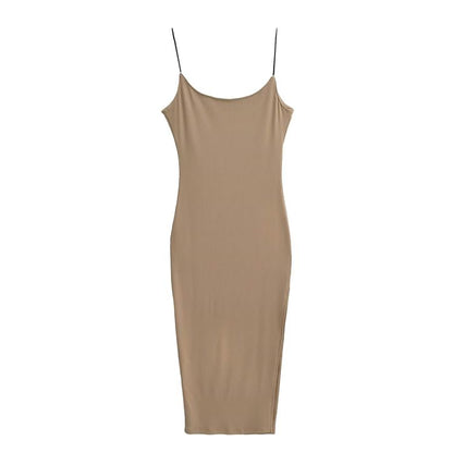 Spaghetti Strap Scoop Neck Plain Slit Midi Bodycon Dress