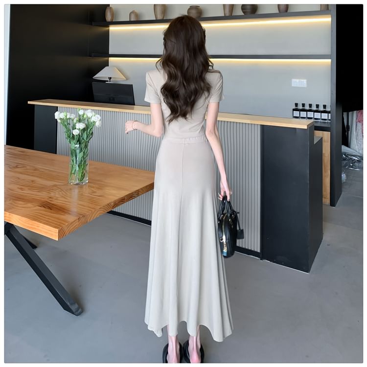 Short-Sleeve Scoop Neck Solid Crop Tee & High-Waist Midi Flared Skirt Set