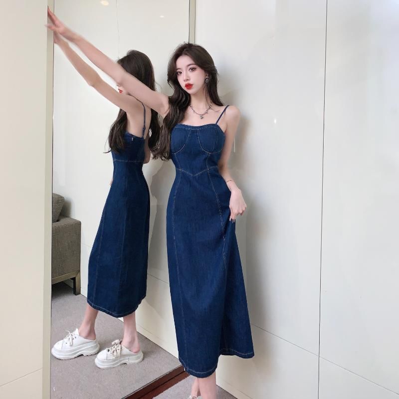 Spaghetti Strap Denim Midi A-Line Dress
