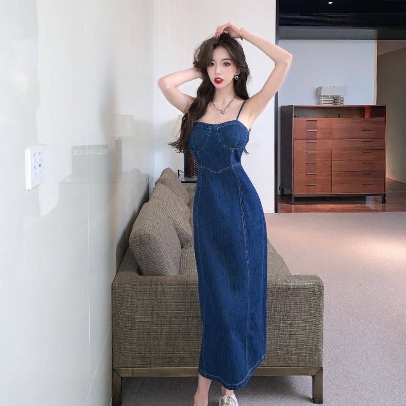 Spaghetti Strap Denim Midi A-Line Dress