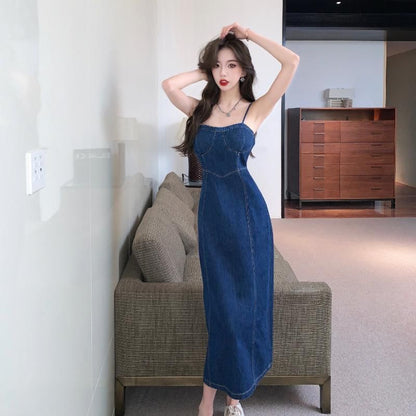 Spaghetti Strap Denim Midi A-Line Dress