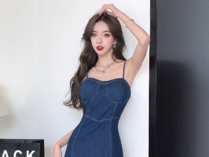 Spaghetti Strap Denim Midi A-Line Dress