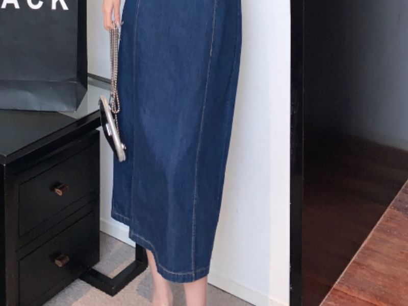 Spaghetti Strap Denim Midi A-Line Dress