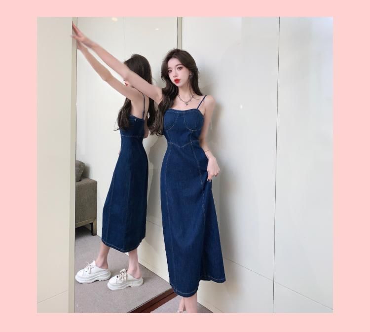Spaghetti Strap Denim Midi A-Line Dress