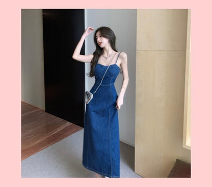 Spaghetti Strap Denim Midi A-Line Dress