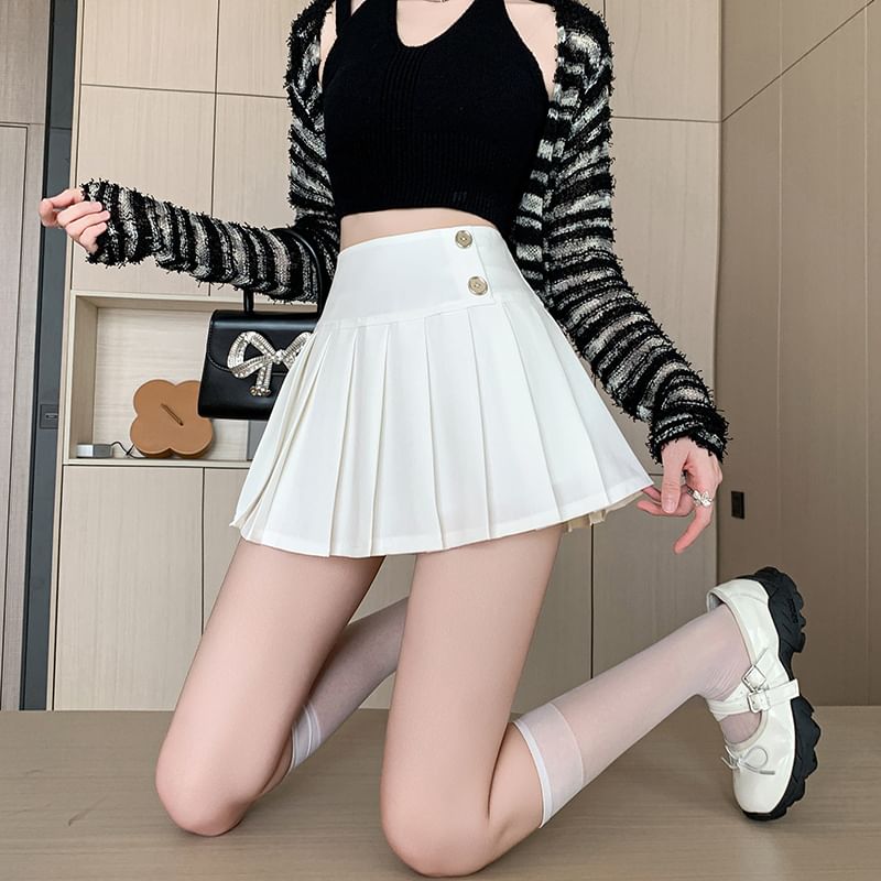 High-Rise Solid Mini A-Line Pleated Skirt