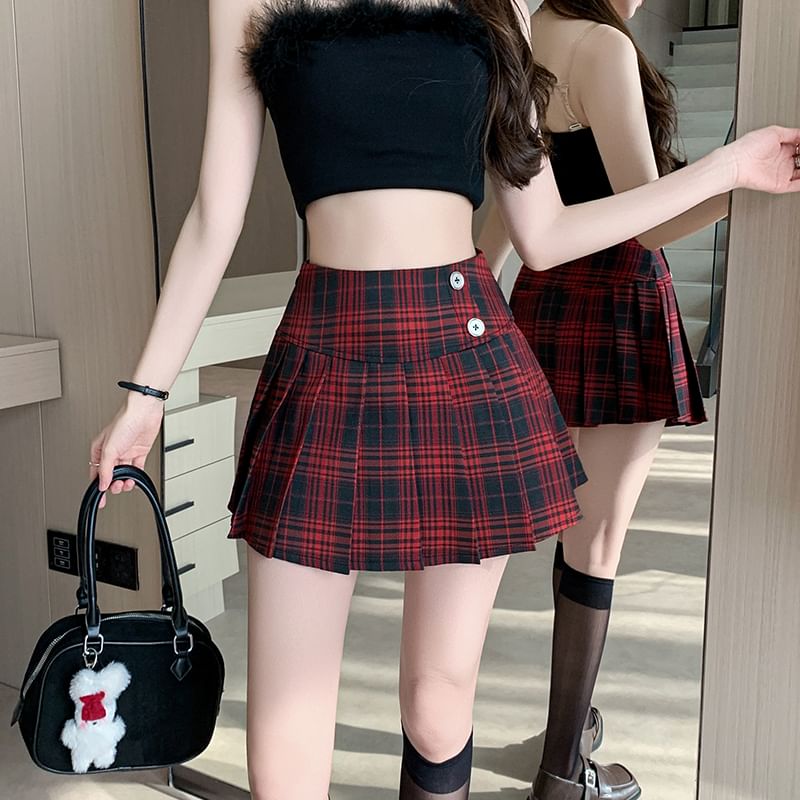 High-Rise Plaid Mini Pleated Flared Skirt