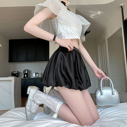 High-Waist Solid Mini Bubble Flared Skirt