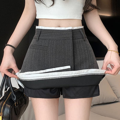 High-Waist Striped Wrap Mini Pleated A-Line Skirt