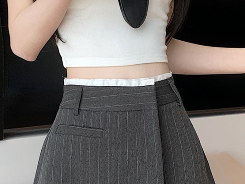 High-Waist Striped Wrap Mini Pleated A-Line Skirt