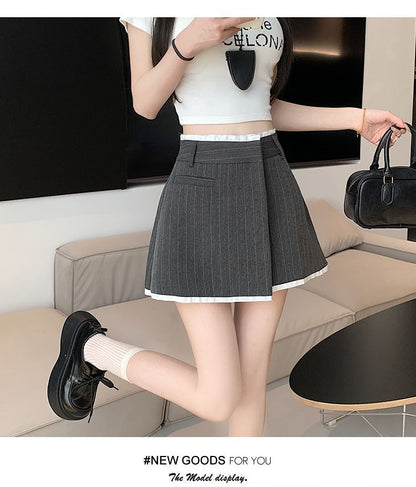 High-Waist Striped Wrap Mini Pleated A-Line Skirt