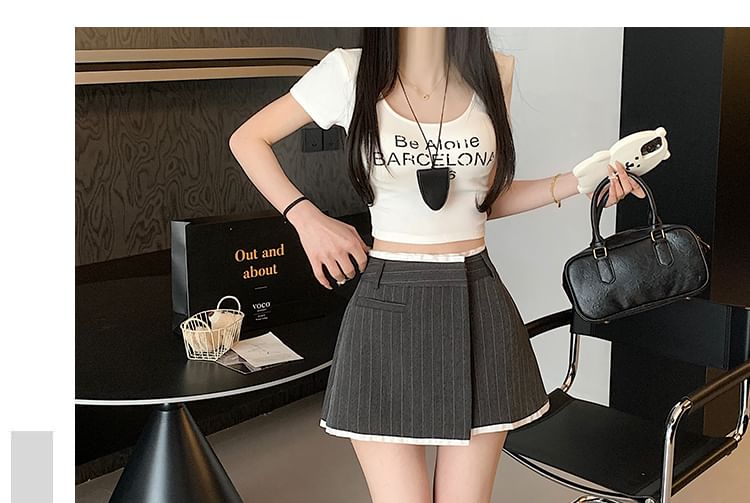 High-Waist Striped Wrap Mini Pleated A-Line Skirt