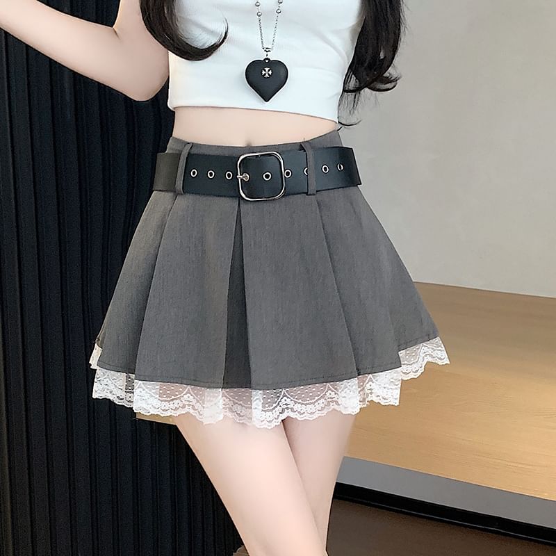 High-Rise Solid Lace Trim Short Pleated Skirt
