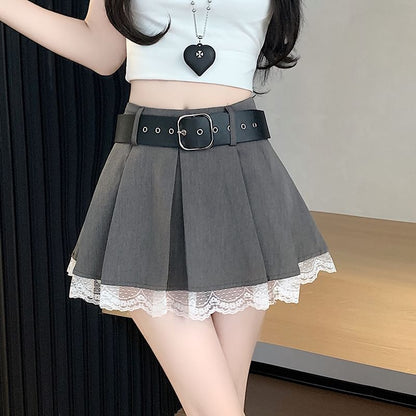 High-Rise Solid Lace Trim Short Pleated Skirt