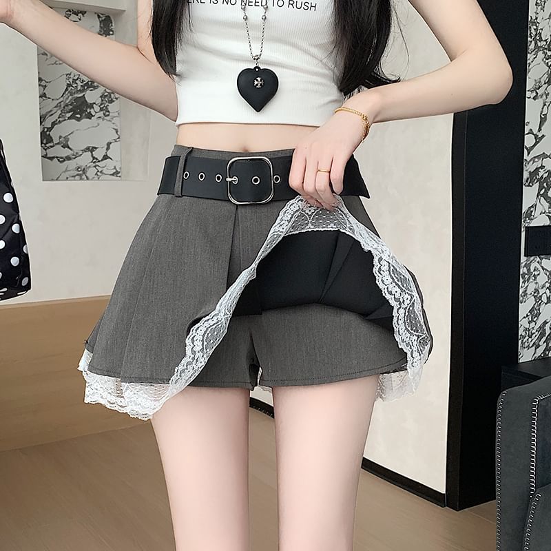 High-Rise Solid Lace Trim Short Pleated Skirt