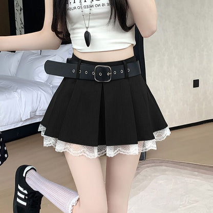 High-Rise Solid Lace Trim Short Pleated Skirt