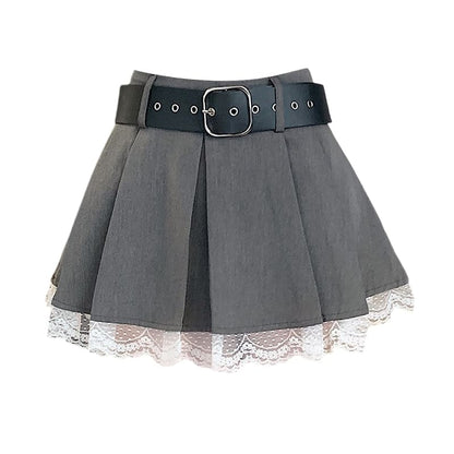 High-Rise Solid Lace Trim Short Pleated Skirt