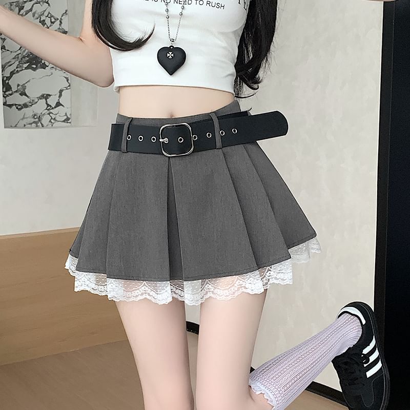 High-Rise Solid Lace Trim Short Pleated Skirt