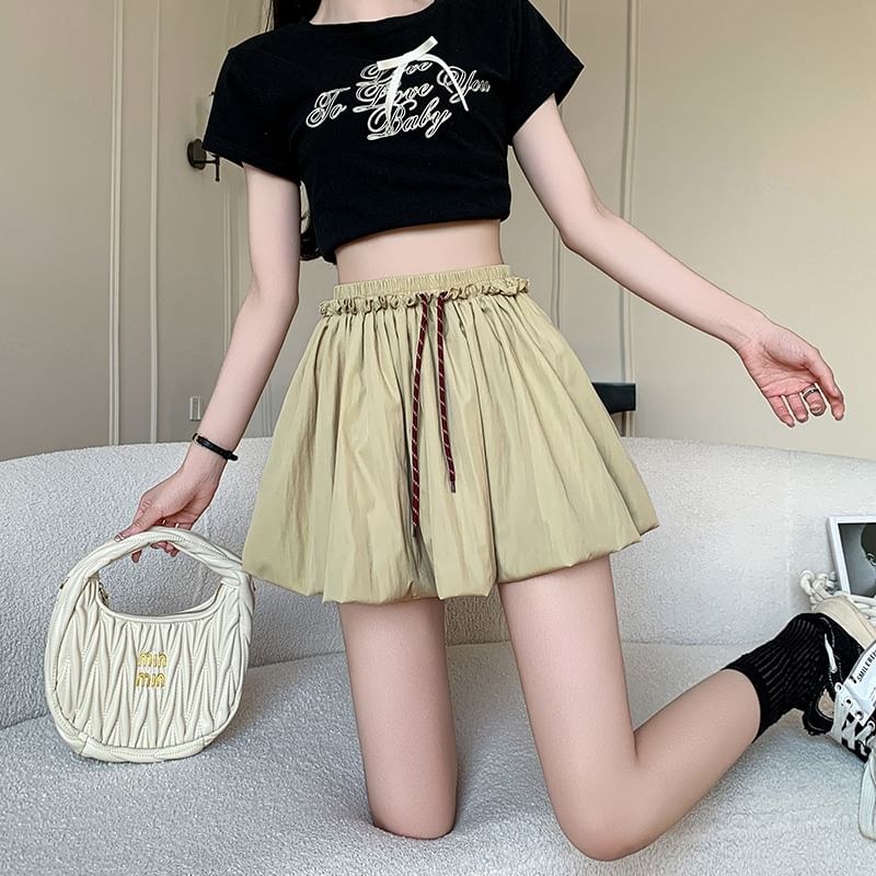 Drawstring Solid Mini Bubble Flared Skirt
