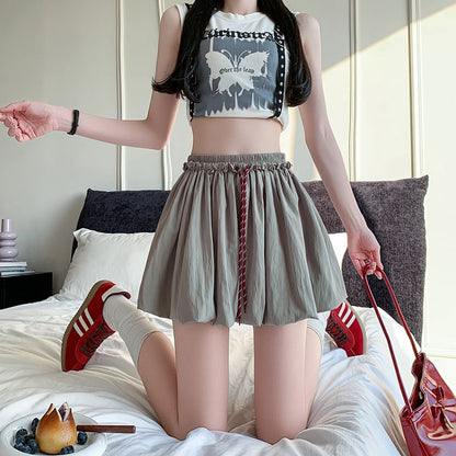 Drawstring Solid Mini Bubble Flared Skirt