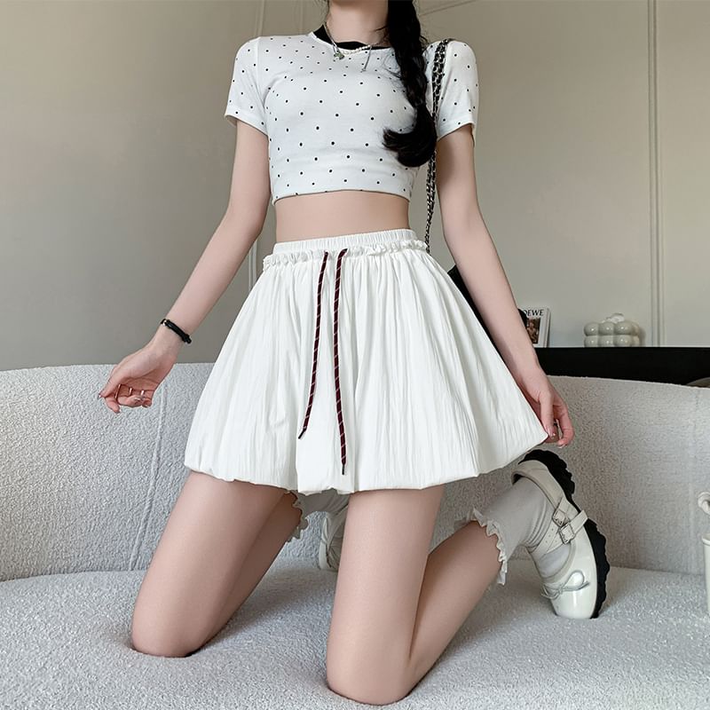 Drawstring Solid Mini Bubble Flared Skirt