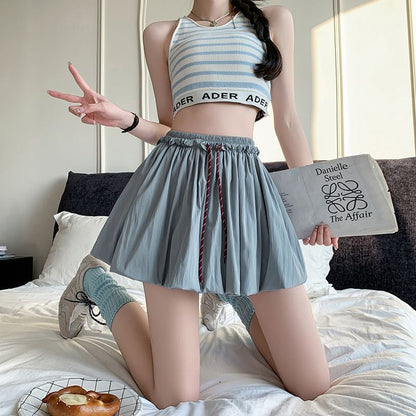 Drawstring Solid Mini Bubble Flared Skirt