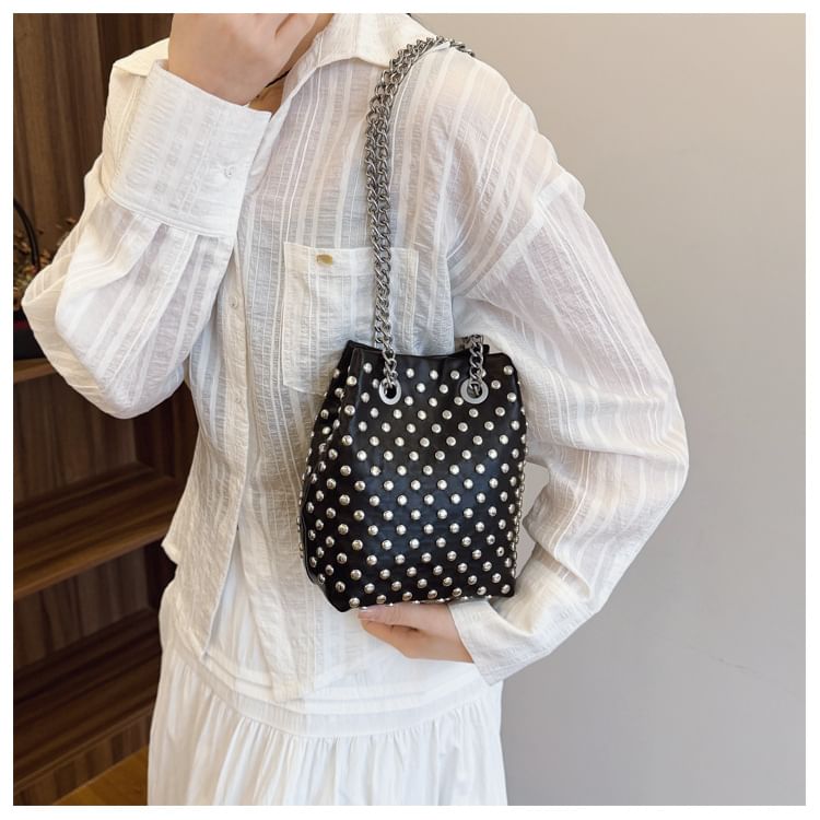 Leaf Embroidered Sequin Chain Strap Bucket Bag / Studded Faux Leather Bucket Bag