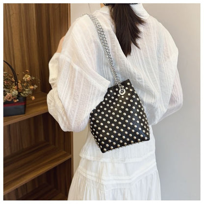 Leaf Embroidered Sequin Chain Strap Bucket Bag / Studded Faux Leather Bucket Bag