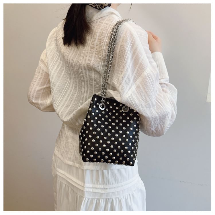 Leaf Embroidered Sequin Chain Strap Bucket Bag / Studded Faux Leather Bucket Bag