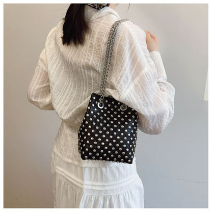 Leaf Embroidered Sequin Chain Strap Bucket Bag / Studded Faux Leather Bucket Bag