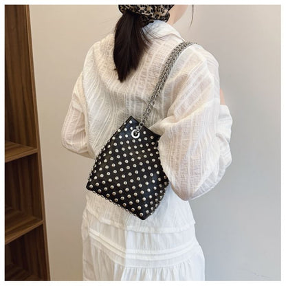 Leaf Embroidered Sequin Chain Strap Bucket Bag / Studded Faux Leather Bucket Bag